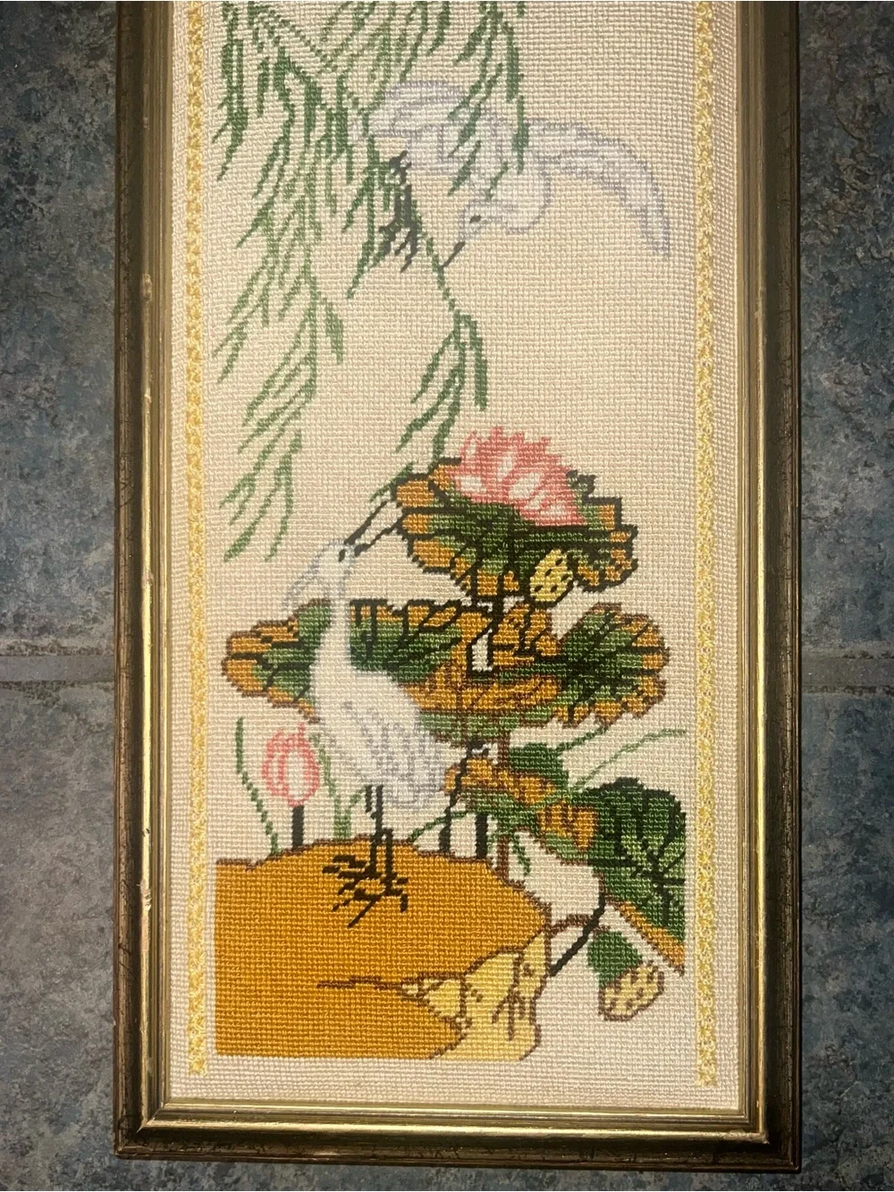 Vintage 7x14 Framed Hand-Stitched Crane Cross Stitch | Chinoiserie Wall Art